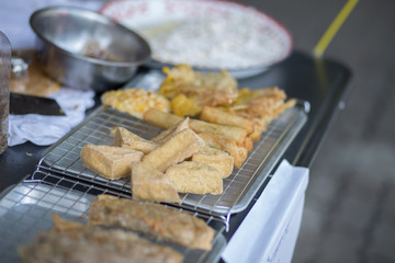 Fried noodle roll, fried Tofu and crispy fried corn ball ,Vegetarian food