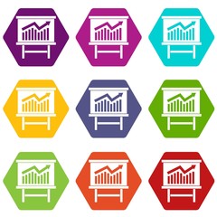 Growing chart presentation icon set color hexahedron