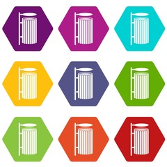 Public trash can icon set color hexahedron
