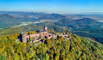Aerial view of the Chateau du Haut-Koenigsbourg in the Vosges mountains. Alsace, France - obrazy, fototapety, plakaty