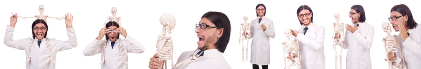 Funny teacher with skeleton isolated on white