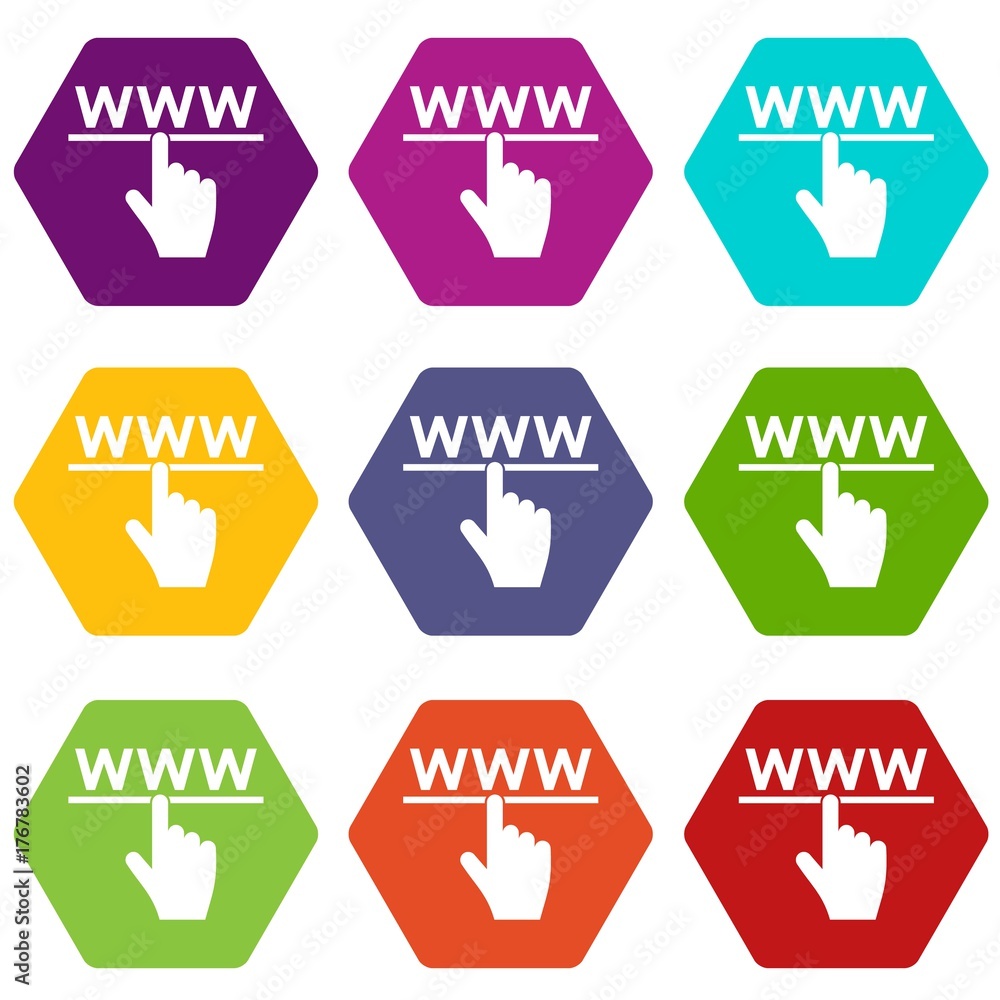 Poster hand cursor and website icon set color hexahedron