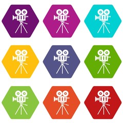 Camcorder icon set color hexahedron