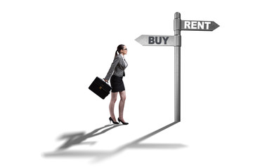 Businesswoman facing dilemma of buying versus renting on white