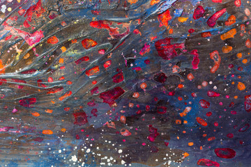Abstract background, various pigments and dyes create a rich texture, close up.