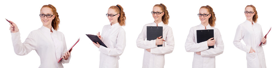 Young  medical  student  writing on the  binder isolated on whit