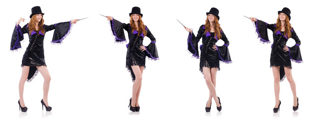 Pretty girl in purple carnival clothing and hat isolated on whit