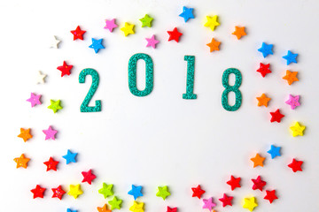 2018 New year concept. group of colorful stars around 2 0 1 8 number on white background