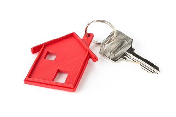 House door key with red house key chain pendant