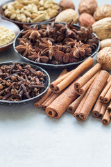 Different kinds of aromatic winter spices in bowls and on gray concrete background, copy space, vertical