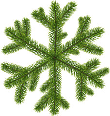 Green original coniferous snowflake isolated on white. Vector illustration.