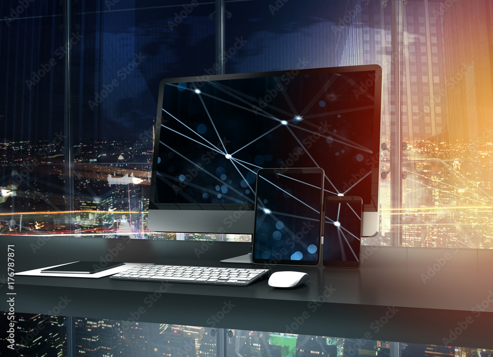 Poster computer, tablet and smartpone connected to internet. concept of internet network.3d render