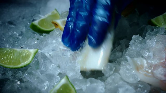 4k Fish and Seafood on Ice, Dolly of Cod Fillets