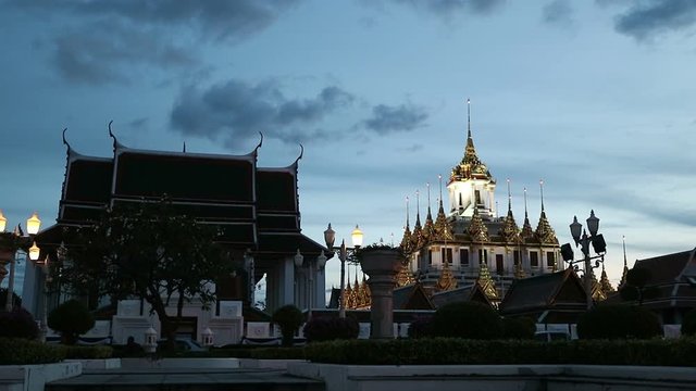 Metal castle, Loha Prasat at Wat Ratchanatdaram temple, Bangkok, Thailand at twilight night