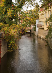 Fototapeta na wymiar Autumn in Prague, Chertovka river, Kampa Island.