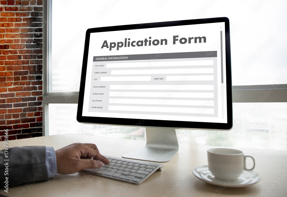Poster business man working on laptop computer use online web job application form moniter