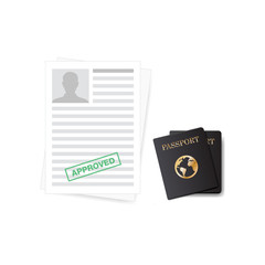 International passport document, immigration service, approved stamping. Visa application form. Top view. Creative vector concept, web banner, infographic.