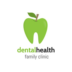 Dental health. Tooth logo as a green apple with leaf. Dental family clinic Logotype. Vector teeth