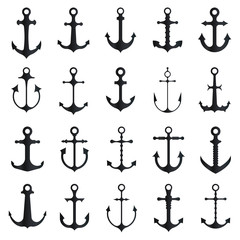 Vector boat anchors icons isolated on white background for marine tattoo or logo. Set of black silhouette anchos illustration.