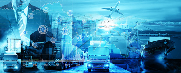 Businessman trading stocks online is pressing button on touch screen interface in front of Container Cargo ship and Cargo plane with Logistic import export and transport industry background