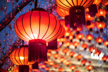 Chinese lanterns with beautiful bokeh hanging during new year festival © Opman