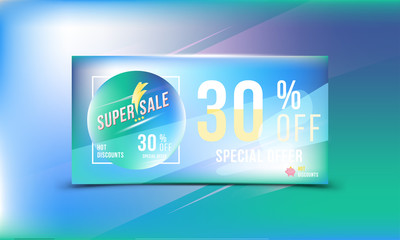Obraz premium Special offer 30 discount in bright rectangular poster format and flyer. Super sale template for print and web advertising banner on blue background. Flat vector illustration EPS 10.