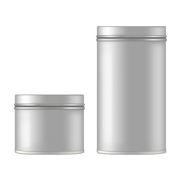 Mock up of round metal tin can for gift. Vector isolated on white background.