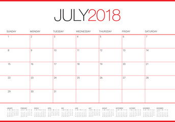 July 2018 calendar planner vector illustration