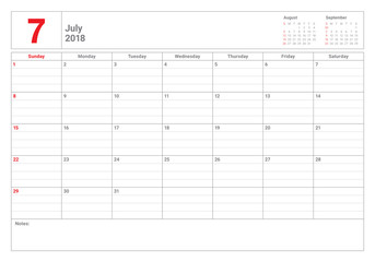 July 2018 calendar planner vector illustration