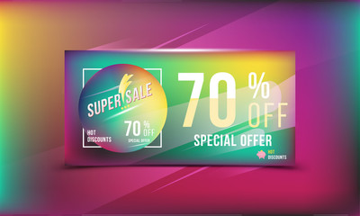 Super sale 70 discount bright rectangular poster format and flyer. Template for design advertising and banner on colour background. Flat vector illustration EPS 10.