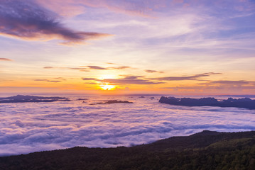 Fototapeta na wymiar Sunrise and Sea of fog at pah nok ann at Phu Kradueng National Park , Loei Thailand