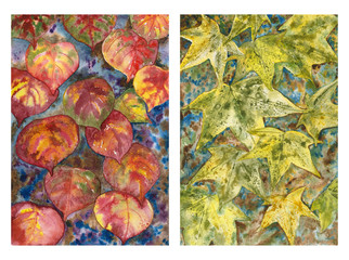 Collection autumn foliage watercolor cards. The original hand-drawn ornament with colorful leaves lilac and maple.