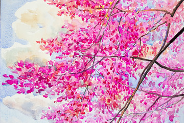 Painting  landscape watercolor original  colorful of wild  himalayan cherry