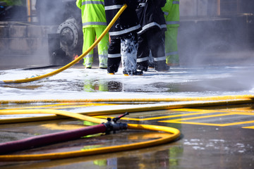 Close up Fireman footwear in action firefighter.
