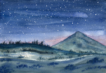 Night landscape. Watercolor painting.