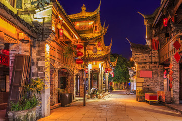Beautiful night view of ancient town of Sichuan - obrazy, fototapety, plakaty