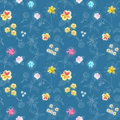 Unique floral pattern with white silhouette and colorful gardening flowers. Beautiful summer design.