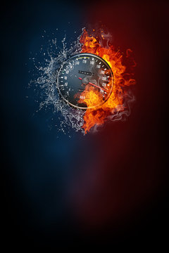 Speedometer street race poster template. High resolution HR poster size 24x36 inches, 31x91 cm, 300 dpi, vertical design, copy space. Speedometer exploding by elements fire and water.