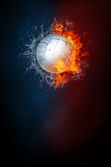 Papier Peint photo Sports de balle Volleyball sports tournament modern poster template. High resolution HR poster size 24x36 inches, 31x91 cm, 300 dpi, vertical design, copy space. Volleyball ball exploding by elements fire and water.