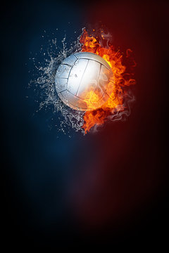 Volleyball sports tournament modern poster template. High resolution HR poster size 24x36 inches, 31x91 cm, 300 dpi, vertical design, copy space. Volleyball ball exploding by elements fire and water.