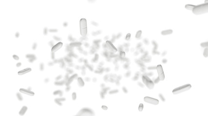 Falling white pills on white background