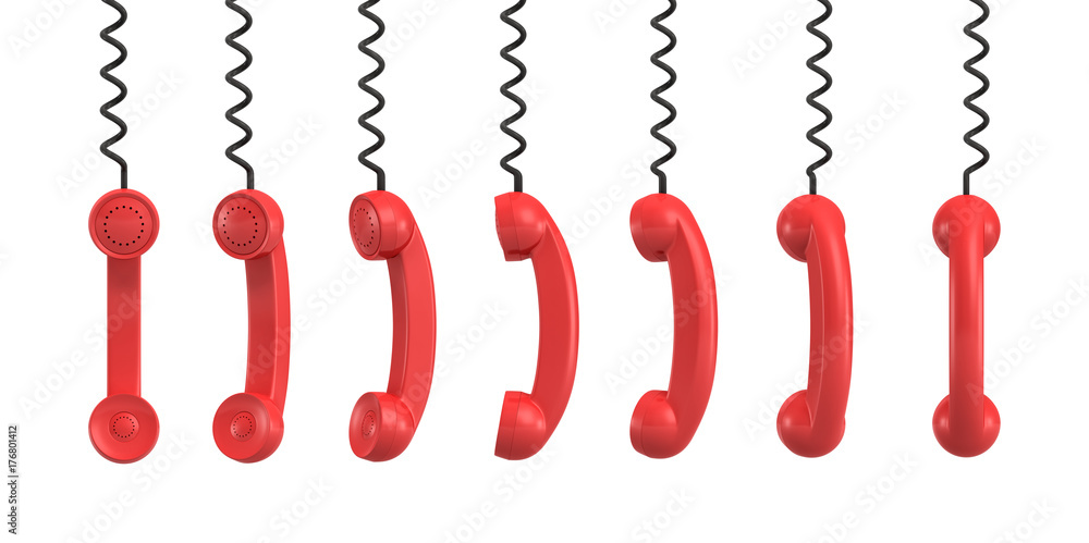 Poster 3d rendering of several red retro phone receivers hanging from their black cords on a white backgrou