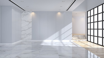 Modern and minimalist  interior, marble flooring and blue wall ,empty room ,3d rendering