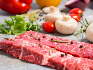 Raw meat on a sheet of tin. Nearby spices, condiments and vegetables.