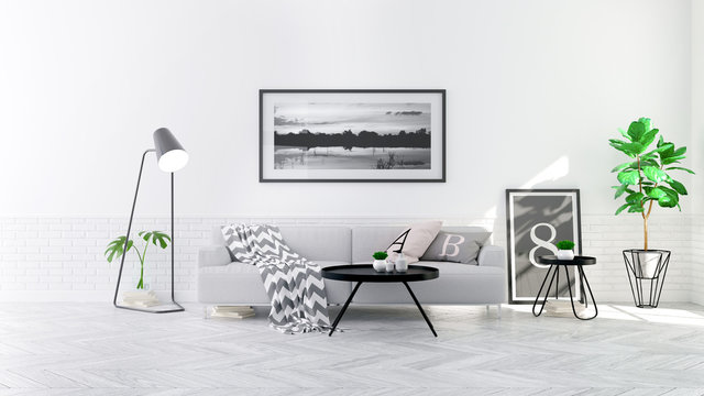  Modern scandinavian  style , living room  interior  concept,  gray sofa on wood floor with white wall,3D render