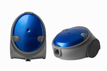 two perspectives on modern domestic vacuum cleaner in blue on a white background