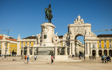 Fototapeta na wymiar Lisbon, Portugal - Circa September 2017: Tourists sightseeing at the Commerce Square in Lisbon