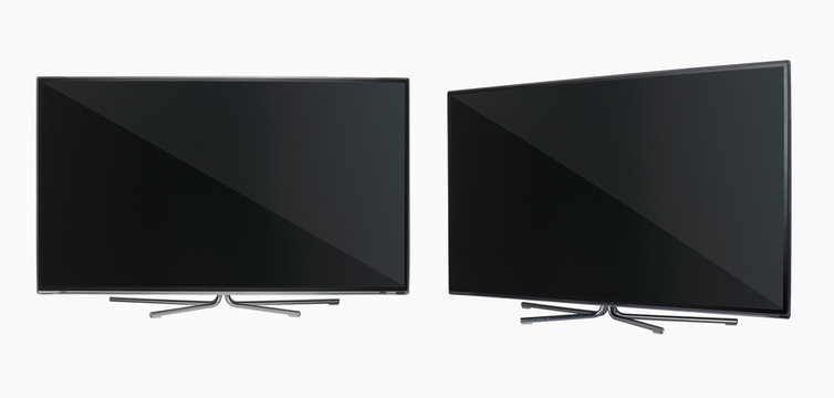 modern LCD flat-screen TV with metal legs in two positions on a white background