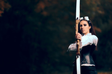 Female Archer Warrior in Costume with Bow and Arrow