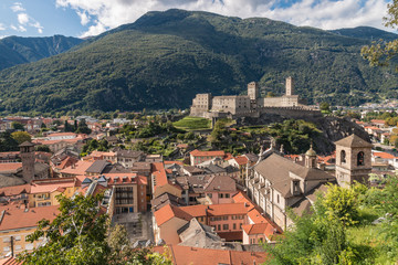 Fototapeta na wymiar aerial view of Bellinzona town with Castelgrande castle in Switzerland